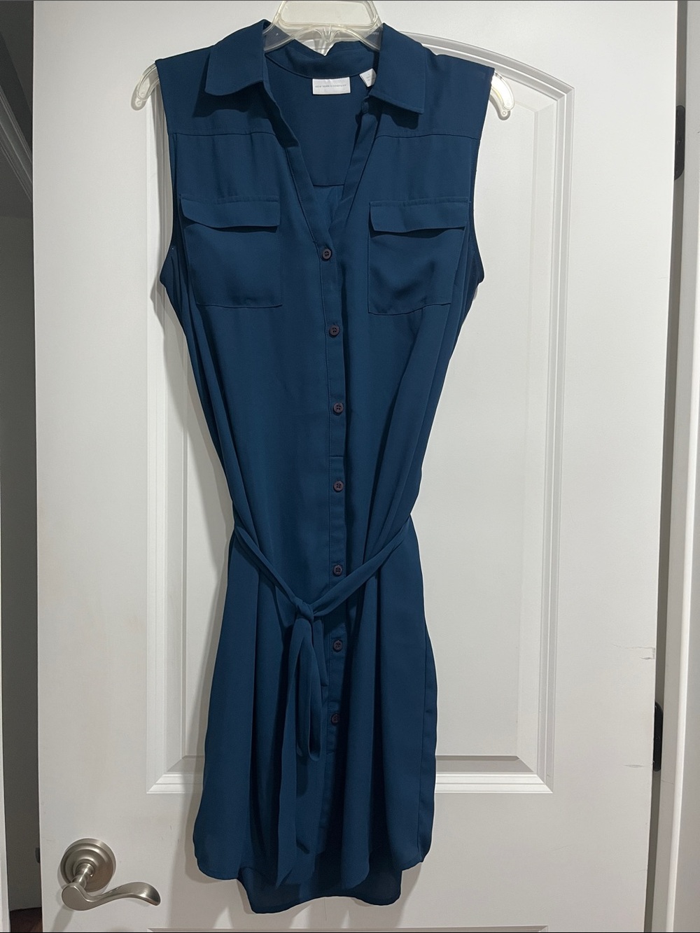 New York & Company Teal-Blue Sleeveless Shirt Dress with Tie Waist
